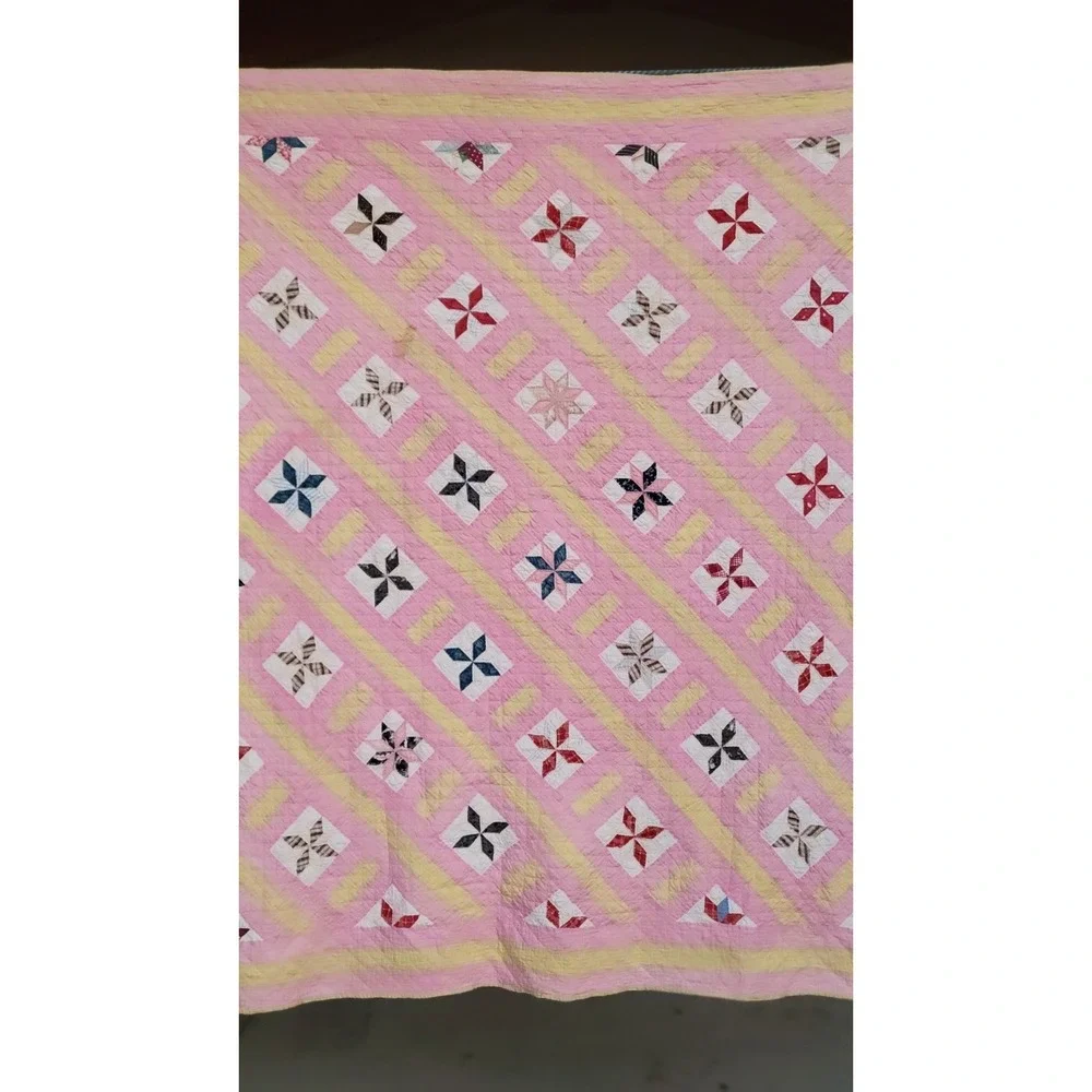 Vintage Friendship Star Quilt‎ Hand Quilted Pink Yellow Patchwork 64x75 Cottage